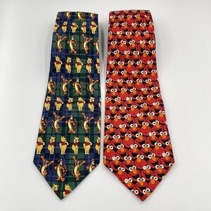Vintage 90s Elmo Winnie the Pooh Tigger Novelty Neck Tie Red Green Plaid 58x4